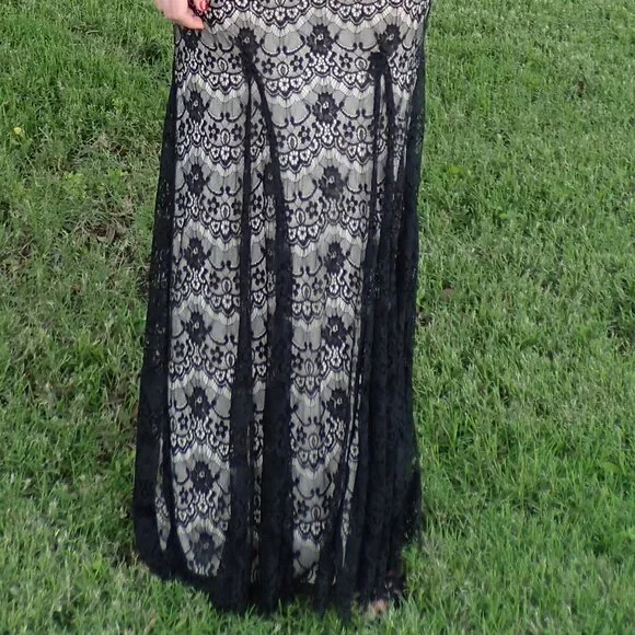 Black Lace Floor Length Low Back Gown - Picture 2 of 9